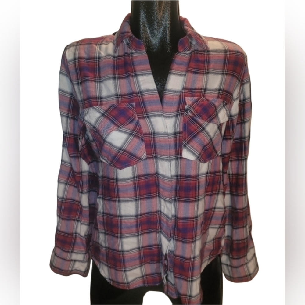 Sam Edelman Red and White Plaid Button Up Shirt With Back Split Seam Detail S